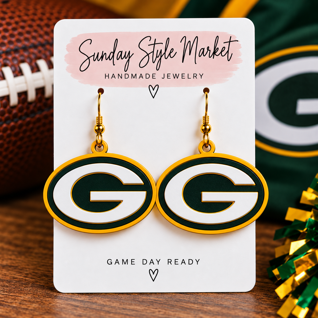 Green and gold game day earrings